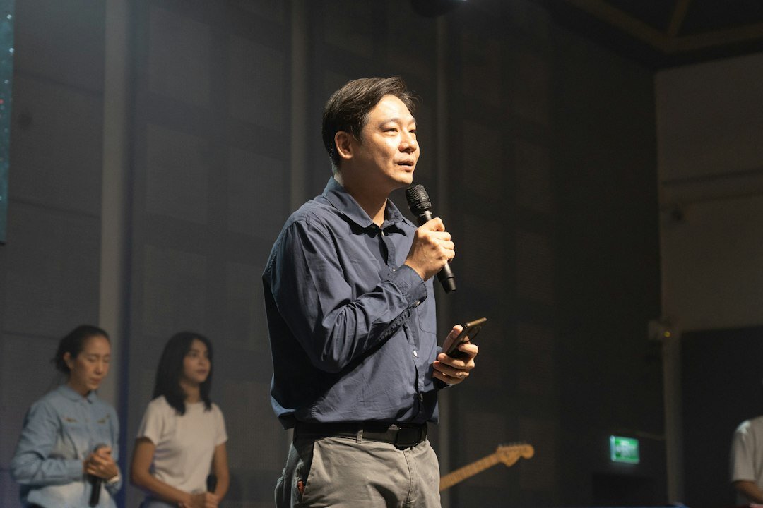 confident speaker on stage